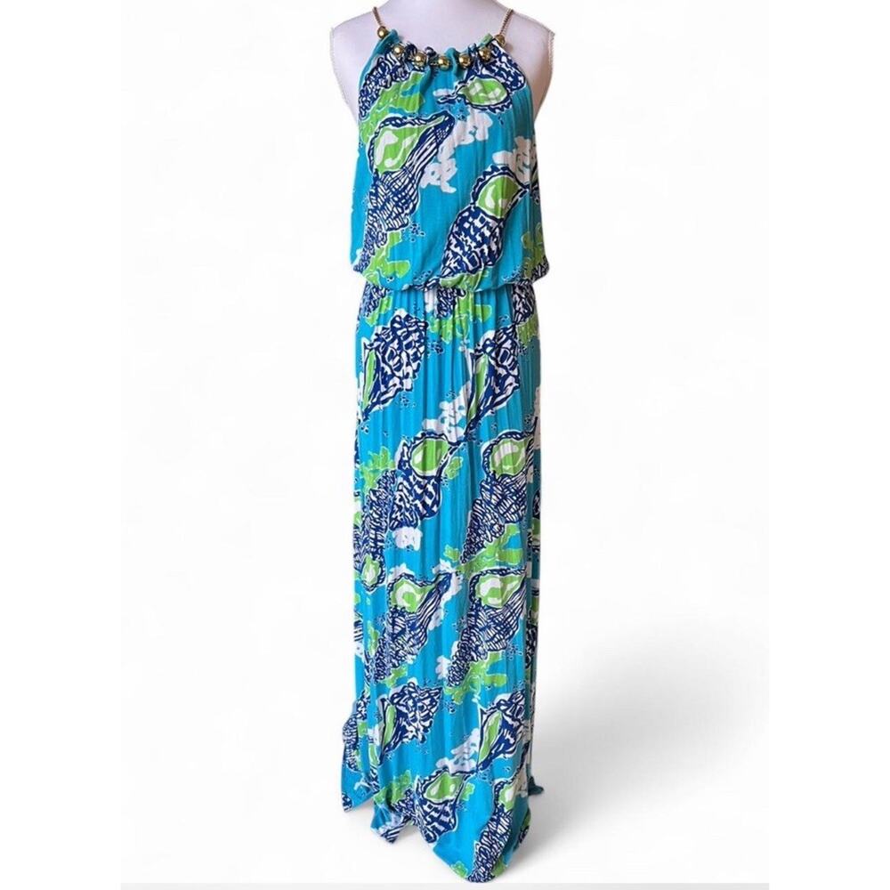 Lilly Pulitzer Inna Maxi Dress M Blue Shells Chain Beck Halter Resort Vacation - Picture 2 of 9